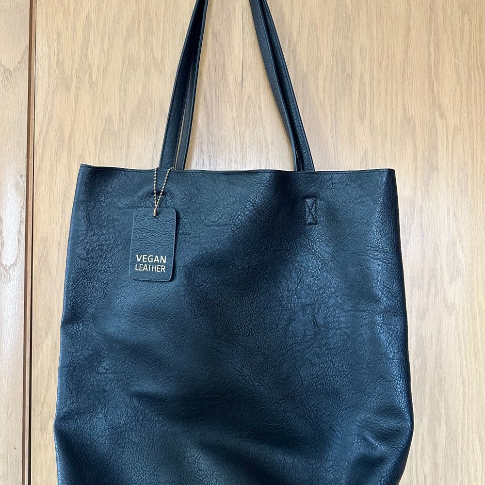 black vegan leather tote bag